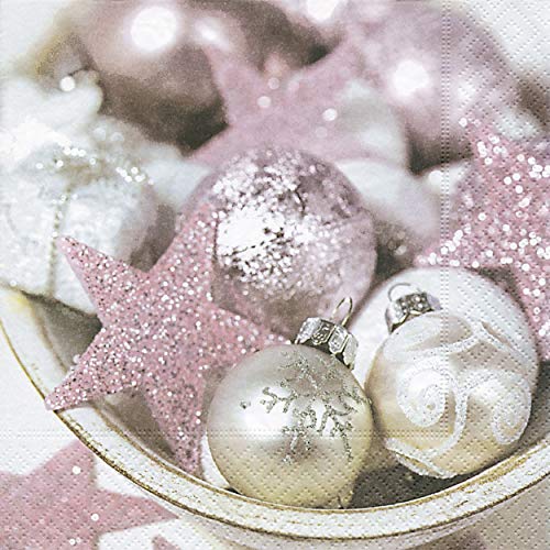 20 Servietten 33 x 33 cm Weihnachten Kugeln Sterne pink silber rosa Weihnachtsmotiv Weihnachtsstern von Herbstdekoration