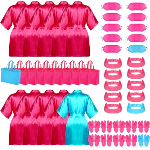 Hercicy 10 Sets Satin-Bademäntel für Kinder, Spa-Partyzubehör für Mädchen, Kimono, Schlafmantel, für Übernachtungen, Geburtstagspartys, Gastgeschenke (Größe 10), Rosarot und Blau, 10 Petite von Hercicy