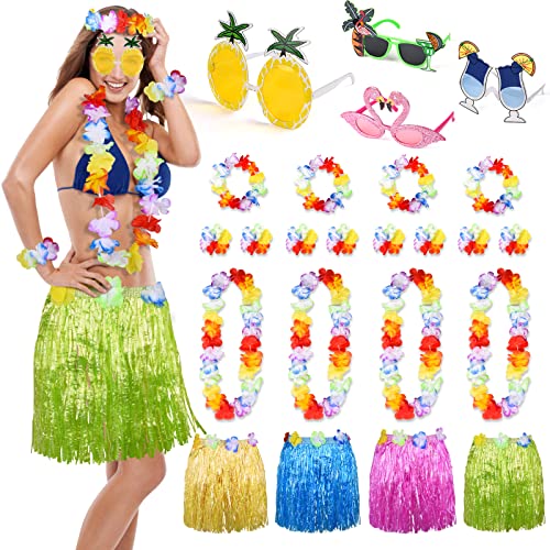 Herefun Brillen Hawaiian 4 Stück, Hawaiian Hula 4 pcs, Grasröcke Geeignet Für Cheerleading, Tropical Hawaii Kranz Party Kostüm Set für Kinder Hawaii Party und Strandparty Dekoration von Herefun