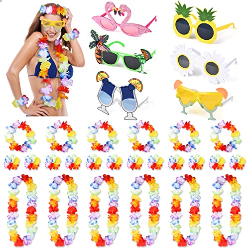 Herefun Brillen Hawaiian 6 Stück, Blumenketten Kranz Hawaiianische Deko, Tropical Hawaii Party Kostüm Set, Hawaii Kranz Halskette Armband und Hawaii Brille für Kinder Mädchen Party Dekoration (6pcs) von Herefun