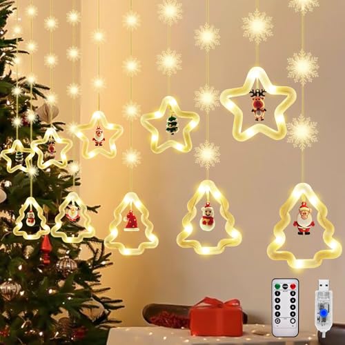 Herefun Weihnachtsbeleuchtung Innen Fenster, LED Weihnachtsdekoration Lichterkette, 3M 8 Modi USB Sterne und Weihnachtsbaum Lichtervorhang, Beleuchtete Hänge Lichterkette Mit Fernbedienung Und Timer von Herefun