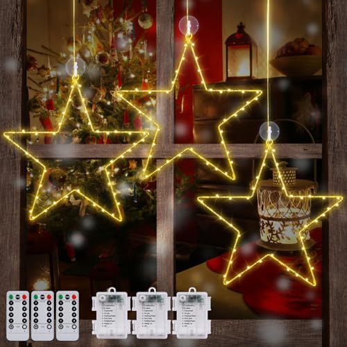 Herefun Weihnachtsdeko Fenster Beleuchtet, 3er Hängend Fensterlicht Batteriebetriebene mit Saugnäpfe, LED Saugnapf Weihnachten Lichter, LED Vorhang Licht Batteriebetrieben für Innen Außen von Herefun