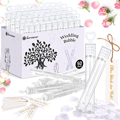 Herenear Seifenblasen Hochzeit Set mit Herzgriff, 50 Stück Wedding Bubbles, Seifenblasen Herzform Mini Bubbles 50er Anhänger, Seifenblasenröhrchen 100 pcs Blütenblätter für Verlobung Gastgeschenke von Herenear