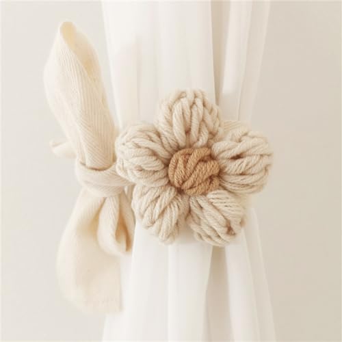 Herfair 2 Stück Vorhänge Raffhalter Gestrickte Blumen Gardinenclips, Handgefertigte Blumen Dekor Vorhang Gardinenclips Raffhalter Seil für Kinderzimmer Deko (Beige) von Herfair