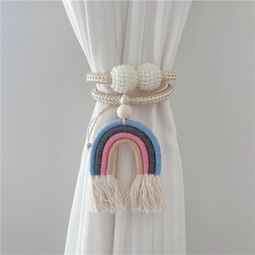 Herfair 2 Stück Vorhang Raffhalte Regenbogen Quasten Gardinenclips Raffhalter Seil, Boho Vorhanghalter, Gardinen Haken Ringe Bär für Kinderzimmer Dekoration (Blau) von Herfair