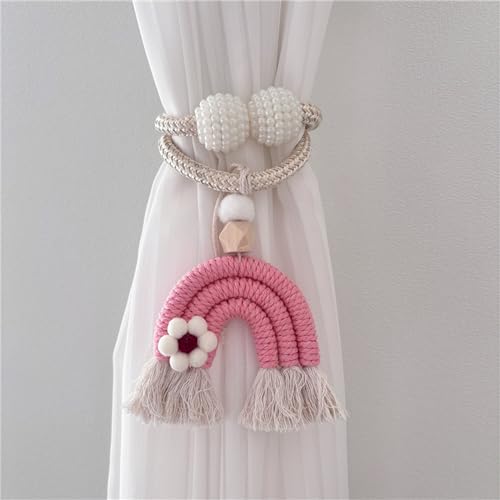 Herfair 2 Stück Vorhang Raffhalte Regenbogen Quasten Gardinenclips Raffhalter Seil, Boho Vorhanghalter, Gardinen Haken Ringe Bär für Kinderzimmer Dekoration (Rosa Blume) von Herfair