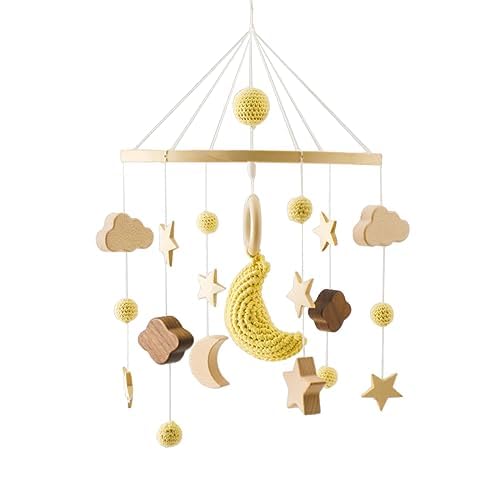 Babybett Mobile Baby Windspiel, Sterne Monde und Regenbögen Handgefertigt Baby Mobile Babybett Holz für Baby Mädchen oder Jungen,Bettglocke Anhänger zum Aufhängen Babybett Kinderbett (Mond) von Herfair