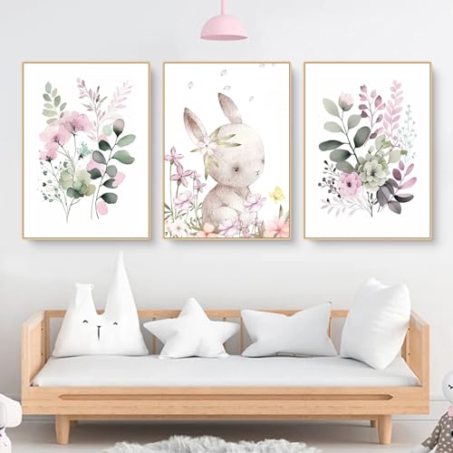 Bilder Kinderzimmer 3er Set, Kaninchen und Blatt Blume Bilder, Wandbilder Deko Hase Bilder Kinderzimmer Mädchen und Jungen Babyzimmer Deko, Ohne Rahmen (50x70cm) von Herfair