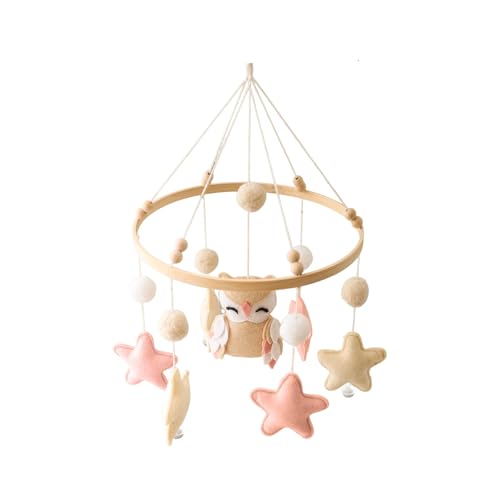 Eule Mobile Baby Windspiele,3D Eule Mobile Baby Holz mit Stern Filzbällen,Mobile Baby Mädchen Bettglocke Anhänger für Babybett Jungen und Mädchen (Beige) von Herfair