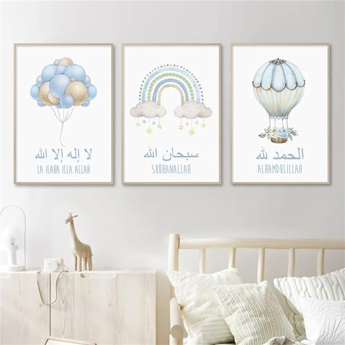 Herfair 3er Set Poster Kinderzimmer, Islamische Regenbogen Bilder Kinderzimmer Deko, Blau Islamisches Arabische Kalligraphie Leinwand Malerei Bilder Deko, Ohne Rahmen (B,40x50cm) von Herfair