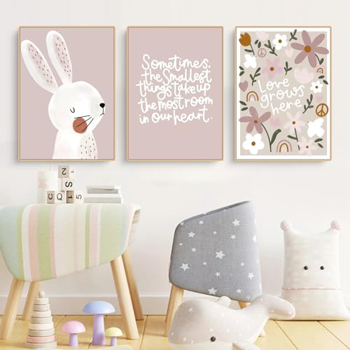 Herfair 3er Set Poster Kinderzimmer Deko Hase und Blume Bilder, Bilder Kinderzimmer Wandbilder Deko für Mädchen und Jungen Babyzimmer Deko, Ohne Rahmen (50x70cm) von Herfair