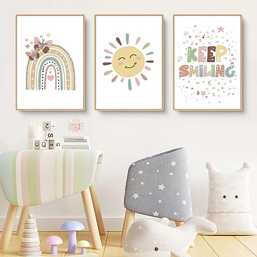 Herfair 3er Set Poster Kinderzimmer Deko Regenbogen Sonne Bilder, Boho Deko Bilder Set, Wandbilder für Jungen Mädchen Wohnzimmer Schlafzimmer, Ohne Rahmen (40x50cm) von Herfair