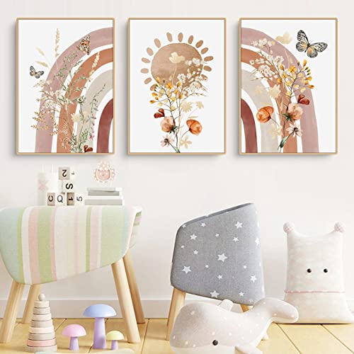 Herfair 3er Set Poster Kinderzimmer Deko Regenbogen Sonne Blume und Schmetterling Bilder, Kinderzimmer Deko Bilder Set Junge Mädchen Babyzimmer Kinderbilder (21x30cm) von Herfair