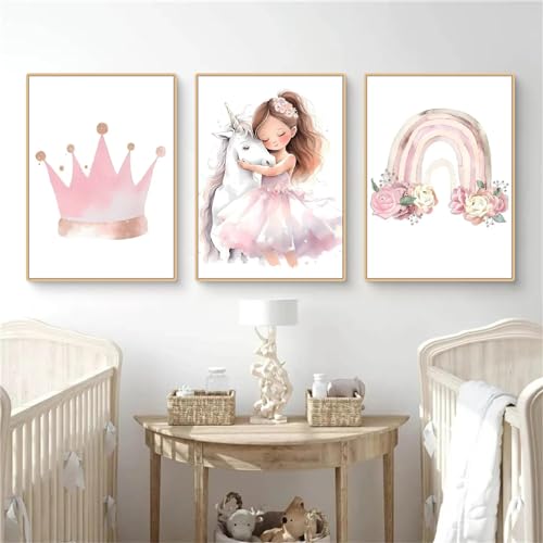 Herfair 3er Set Poster Kinderzimmer Rosa Prinzessin Einhorn Mädchen Deko Bilder Babyzimmer Mädchen Kinder Deko Bilder Kinderzimmer Ohne Rahmen (50x70cm) von Herfair