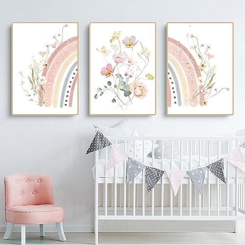 Herfair 3er Set Poster Regenbogen Blume Bilder Kinderzimmer Deko, Boho Wandposter, Bilder Set Junge Mädchen Babyzimmer Kinderbilder, Ohne Rahmen (30x40cm) von Herfair