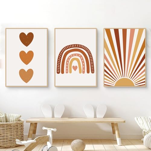 Herfair 3er Set Poster für Kinderzimmer Boho Deko Bilder Babyzimmer - Wandbilder Schlafzimmer Sonne Regenbogen Babyzimmer Wanddeko Mädchen Junge ohne Rahmen (B,21x30cm A4) von Herfair