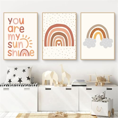 Herfair 3er Set Poster für Kinderzimmer Boho Deko Bilder Babyzimmer - Wandbilder Schlafzimmer Sonne Regenbogen Babyzimmer Wanddeko Mädchen Junge ohne Rahmen (C,21x30cm A4) von Herfair