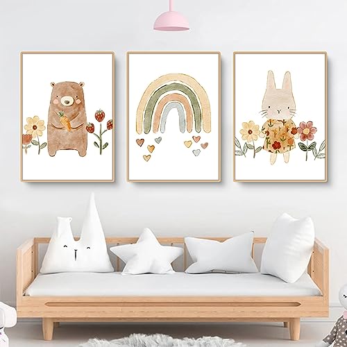 Herfair 3er Set Wandbilder Regenbogen Kinderzimmer Babyzimmer Poster, Bär Kaninchen Bilder Kinderzimmer Boho Deko Bilder Set Junge Mädchen, Ohne Rahmen (30x40cm) von Herfair