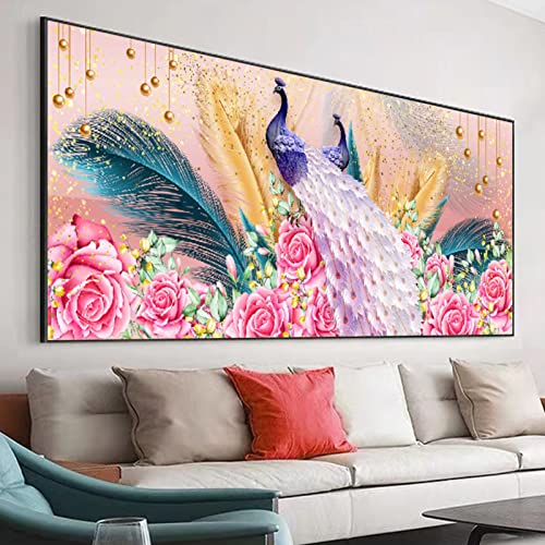 Herfair 5D DIY Diamant Painting Erwachsene, Rosa Pfau Diamond Painting Bilder XXL,Strass Kristall DIY Diamant Malerei Kits Kinder für Wanddekoration (50x90cm) von Herfair