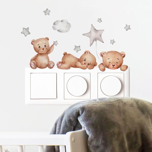 Herfair 6 Stück Schalter Aufkleber Licht, Bär Wandaufkleber, Wolken Wandsticker Babyzimmer Tiere Lichtschalter Sticker Selbstklebende Schalter Aufkleber, Licht Schalter Deko für Kinderzimmer von Herfair