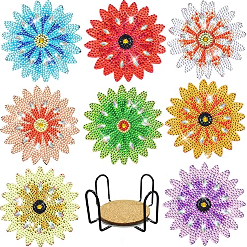 Herfair 8 Pack 5D Diamond Painting Untersetzer Blumen Schmetterling Bilder Set Diamond Art Rund Untersetzer Holz DIY Diamant Malerei Set Für Erwachsene und Kinder (Blumen) von Herfair