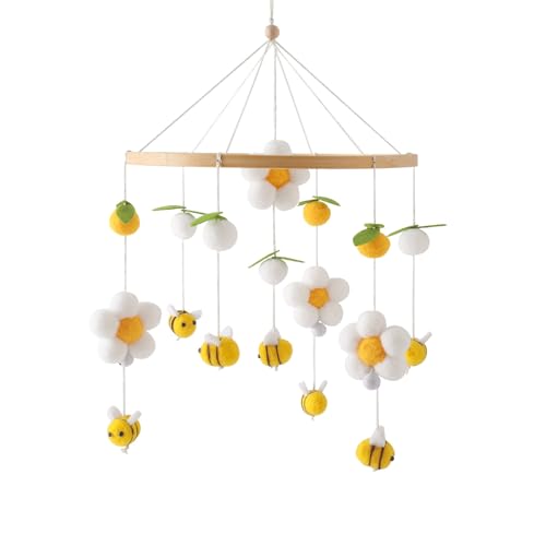 Herfair Bienen Baby Mobiles Bettglocke Blumen, Mobile Baby Windspiele Babybett Anhänger Baby Mobile für Bett Kinderbett Holz mit Filzbällen Dekor Neugeborenen Geschenk (Gelb) von Herfair