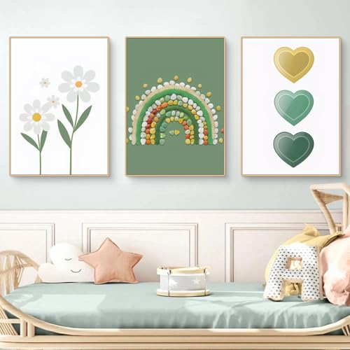 Herfair Bilder Babyzimmer Deko Poster 3er Set Boho Poster Kinderzimmer Deko，Grün Regenbogen Stein Gänseblümchen Bilder, Wandposter für Kinder, Ohne Rahmen (50x70cm) von Herfair