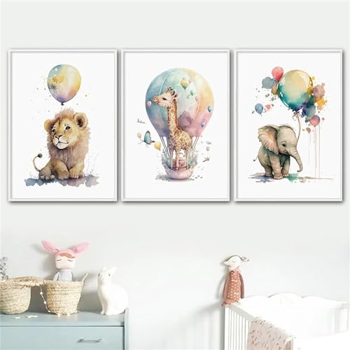 Herfair Bilder Kinderzimmer, 3er Set Poster Kinderzimmer Deko Löwe, Giraffe, Elefant Luftballon Bilder, Premium Wandposter, Wandbilder Kinderzimmer (30x40cm) von Herfair