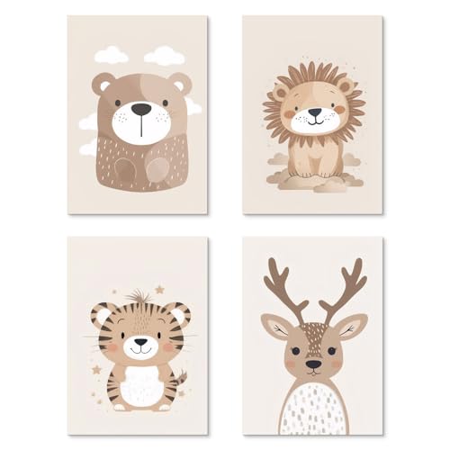 Herfair Bilder Kinderzimmer 4er Set Poster, Beige Dschungel Wilde Tiere Bilder, Wandbilder Bilder Leinwand Boho Babyzimmer Deko Wandposter für Kinder, Ohne Rahmen (21x30cm) von Herfair