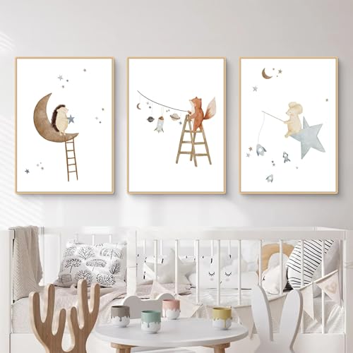 Herfair Bilder Kinderzimmer Deko Poster 3er Set Tiere Mond Stern Wandbilder Babyzimmer Boho Kinderposter Wanddeko Geschenke für Kinder, Ohne Rahmen (30×40 cm) von Herfair