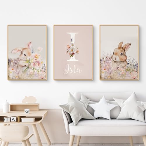 Herfair Bilder Kinderzimmer Mädchen, 3er Kinder Poster Set Hase Ostern Deko Wandbilder Kinderzimmer Wandposter Premium Bilder Babyzimmer Mädchen Wandbild (50x70cm) von Herfair