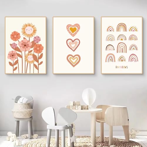 Herfair Bilder Kinderzimmer Poster 3er Set Regenbogen Blumen Liebe Kinderposter Aesthetic Babyzimmer Deko Leinwandbilder Boho Wandbilder Ohne Rahmen (50×70 cm) von Herfair