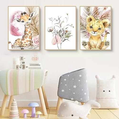 Herfair Bilder Waldtiere Kinderzimmer Deko, 3er Set Poster Tiger Giraffe Blume Bilder, Poster Babyzimmer Deko Mädchen Jungen Kinderbilder, Ohne Rahmen (21x30cm) von Herfair