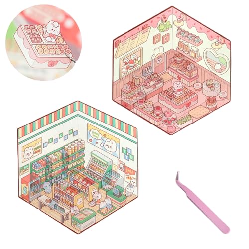 Herfair DIY 3D House Stickers 2 Stück Kawaii Deko Aufkleber Make Your Own Supermarkt Dessertshop Scene, Scrapbook Stickers für Mädchen von Herfair