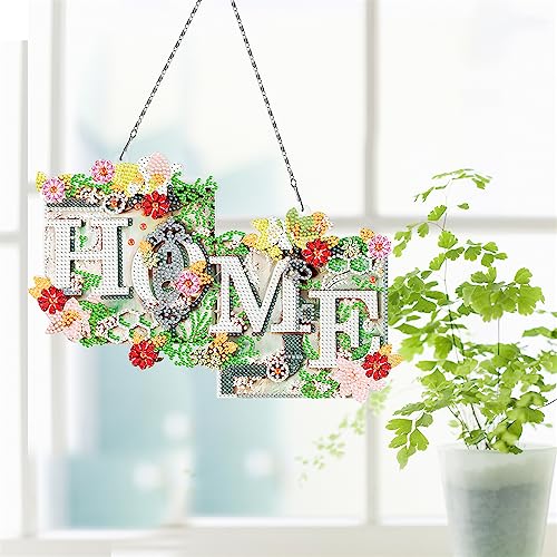 Herfair Diamond Painting,5D DIY Diamant Malerei Home Set mit Hängekette, Türschild mit Blumen und Blättern Dekoration,19X28.5CM Dekoschild Türschild Wandschild Geschenk (Grün) von Herfair