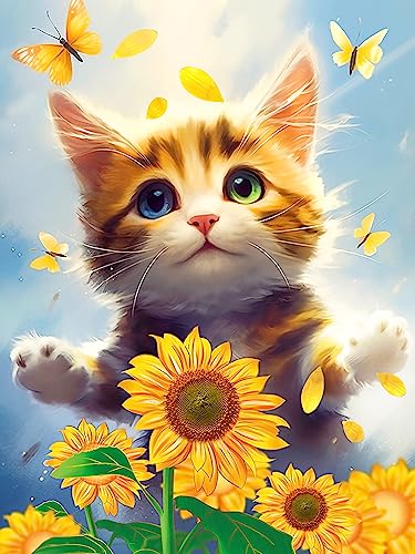 Herfair Diamond Painting Erwachsene Kinder, 5D Diamant Painting Bilder Katze Sonnenblumen und kleine Blumenkörbe,Diamant Malerei für Wohnzimmer Schlafzimmer Büro Wand 30x40cm (Yellow) von Herfair