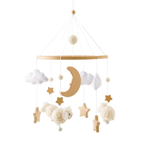 Herfair Mobile Baby Bettglocke mit Sterne Mond Schafe Hölz Mädchen Hängende Mobile Windspiel für Babybett Kinderbett (Beige) von Herfair