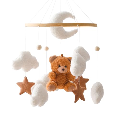 Herfair Mobile Baby Bettglocke mit Teddybär Hölz Mädchen Hängende Mobile Windspiel für Babybett Kinderbett (Braun) von Herfair