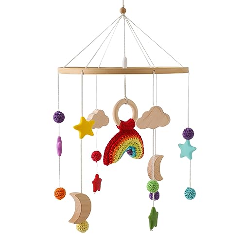 Herfair Mobile Baby Hölz Babybett Regenbogen Mobile Baby Windspiel mit Filzbällen, Wolke und Stern Mobile Baby Anhänger für Babybett Kinderbett (Regenbogen) von Herfair