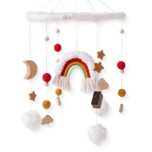 Herfair Mobile Baby Windspiele, Regenbogen Babybett Baby Mobiles Hölz mit Filzbällen, Wolke Stern Mobile Baby Anhänger Neugeborenen Geschenk für Baby Mädchen Junge (Rot) von Herfair