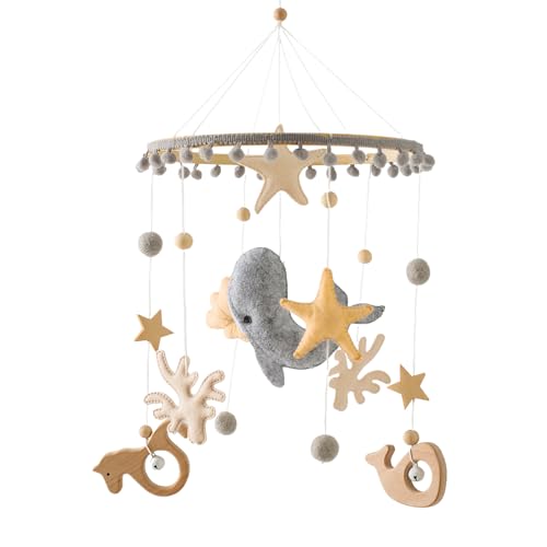 Herfair Mobile Baby Windspiele mit Filzbällen Meerestiere Wal 3D Mobile Windspiel, Babybett Hängende Spiel Mobile Anhänger für Kinderzimmer Neugeborenen Geschenk (Grey) von Herfair