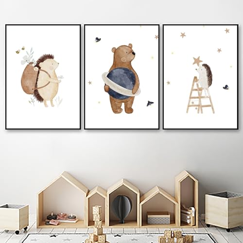 Herfair Poster Kinderzimmer 3er Set DIN A4 Wandbilder Bilder Boho Babyzimmer Deko Wandposter Premium Tiere Wandbilder Kinderzimmer Jungen, Mädchen Ohne Rahmen (Bär,30x40cm) von Herfair