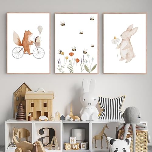 Herfair Poster Kinderzimmer 3er Set DIN A4 Wandbilder Bilder Boho Babyzimmer Deko Wandposter Premium Tiere Wandbilder Kinderzimmer Jungen, Mädchen Ohne Rahmen (Hase,30x40cm) von Herfair