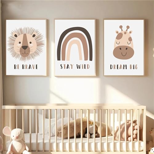 Herfair Poster Kinderzimmer Bilder Regenbogen Deko 3er Set Tiere Bilder, Babyzimmer Deko, Tierbilder Wandposter für Junge Mädchen Babyzimmer Kinderbilder (40x50cm) von Herfair