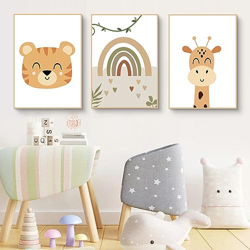 Poster Kinderzimmer 3er Set, Regenbogen Cartoon-Tiere Bilder Kinderzimmer, Wandbilder Deko Bilder Kinderzimmer Mädchen und Jungen, Ohne Rahmen (21x30cm) von Herfair