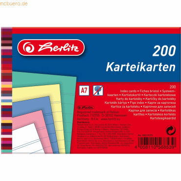 12 x Herlitz Karteikarten A7 170g/qm liniert farbig sortiert VE=200 St von Herlitz