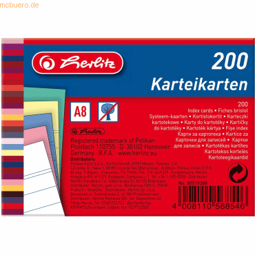 8 x Herlitz Karteikarten A8 170g/qm liniert farbig sortiert VE=200 Stü von Herlitz