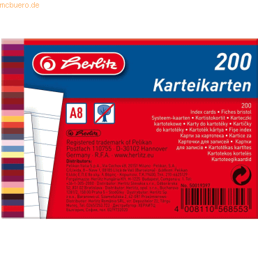 Herlitz Karteikarten A8 170g/qm liniert weiß VE=200 Stück von Herlitz