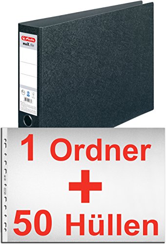 Herlitz 10397073 Ordner maX.file A3 quer, Hartpappe, 7,5 cm, schwarz/Kombi-Set (1 Ordner + 50 Hüllen) von Herlitz