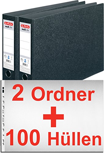 Herlitz 10397073 Ordner maX.file A3 quer, Hartpappe, 7,5 cm, schwarz/Kombi-Set (2 Ordner + 100 Hüllen) von Herlitz